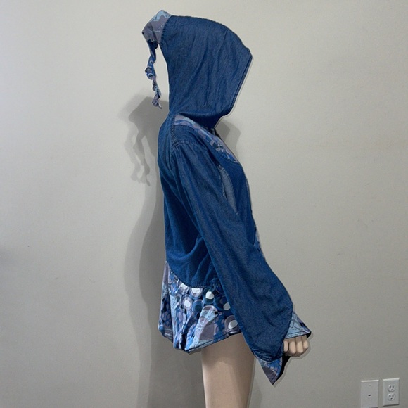 Denim Hooded Geometric Zip Up Coat XL - Picture 5 of 12
